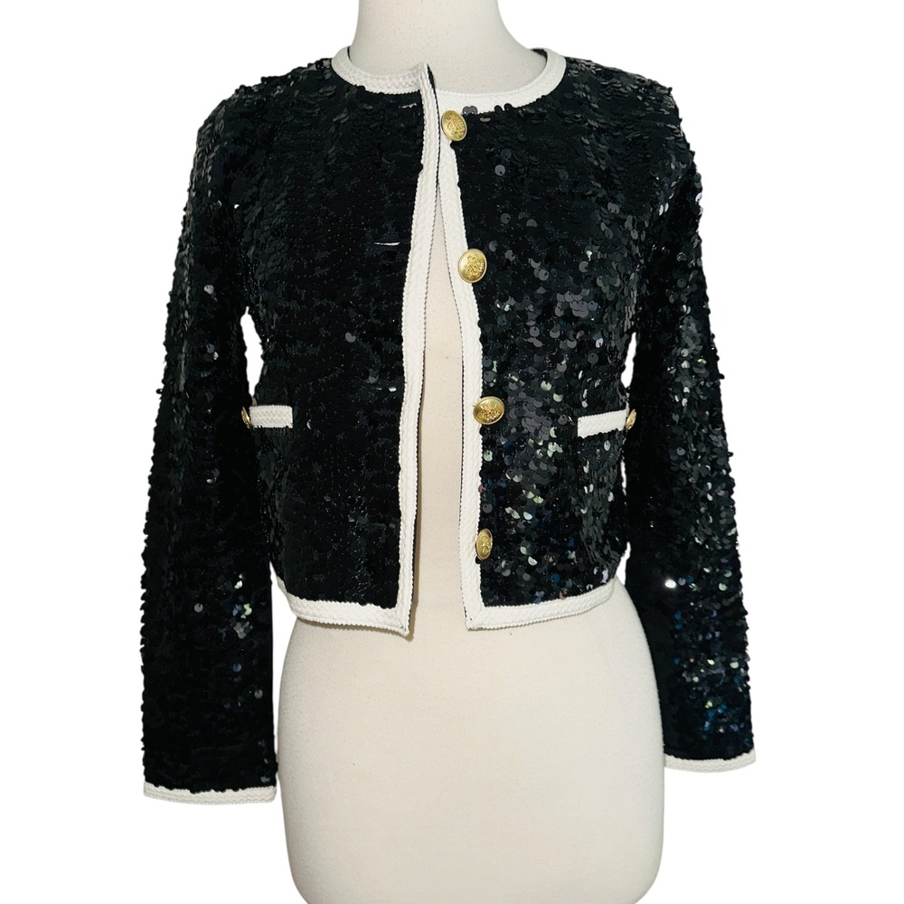 ND1 J. Crew Sequin Jacket Cropped Black‎ Gold Button White Trim Party Coat XS